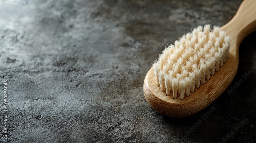 Wooden brush with natural bristles on dark textured surface Wooden brush with natural bristles on dark textured surface