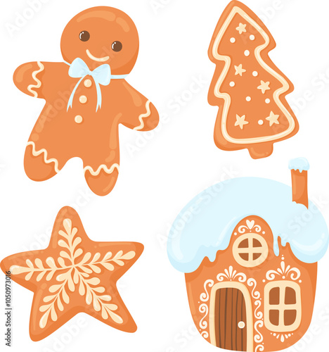 Set of vector ginger cookies. Winter homemade sweets in the shape of a house, a gingerbread man, a Christmas tree and a star. Vector illustration of gingerbread cookies in flat vector style isolated.