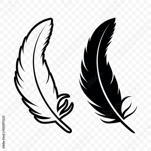Vector Black and White Fluffy Feather Logo Icons. Silhouette Feather Set Closeup Isolated. Design Template of Flamingo, Angel, Bird Feather. Lightness and Freedom Concept