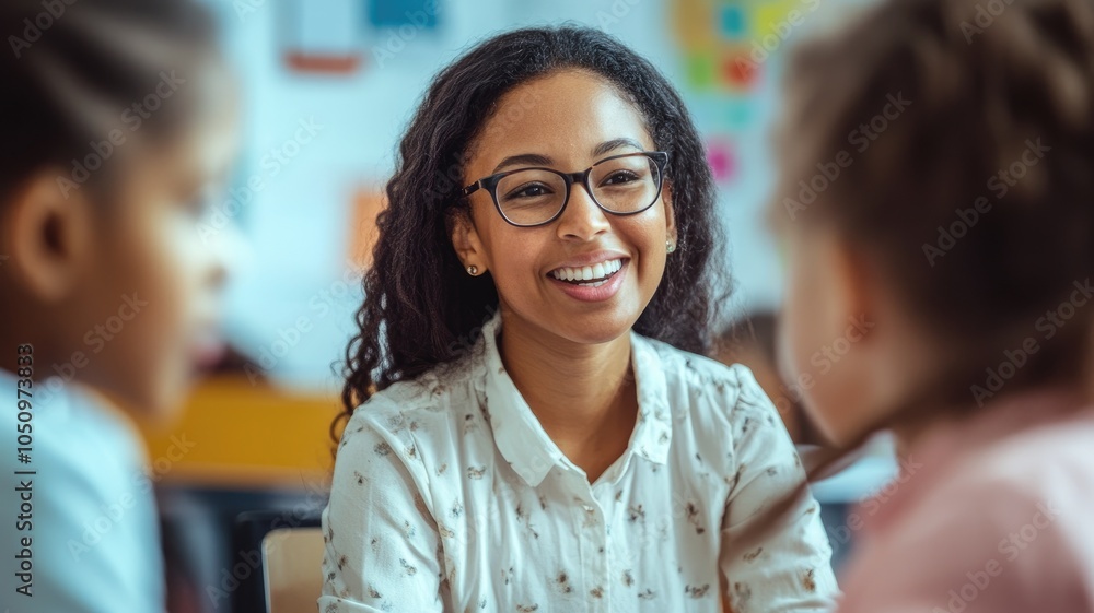 Smiling woman engaged with children in classroom setting Smiling woman engaged with children in classroom setting
