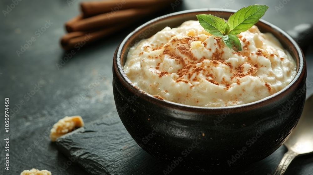 Creamy rice pudding topped with cinnamon and mint leaf in rustic bowl Creamy rice pudding topped with cinnamon and mint leaf in rustic bowl