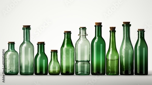 A collection of ten vintage glass bottles with cork tops lined up on a white surface.