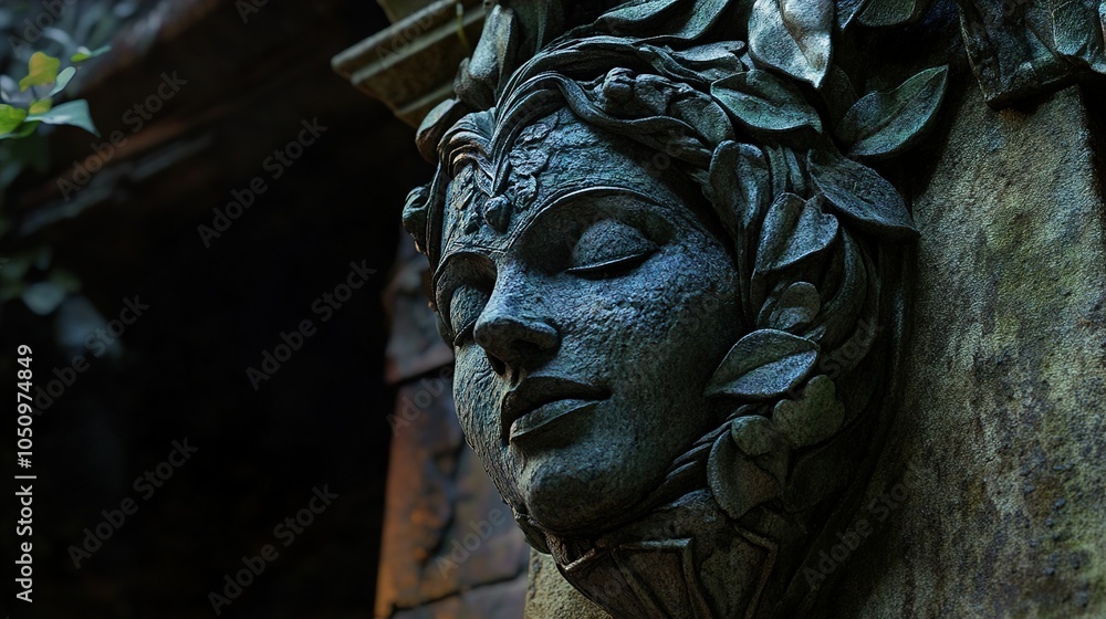 Stone Carving of a Woman's Face with Leaves Stone Carving of a Woman's Face with Leaves