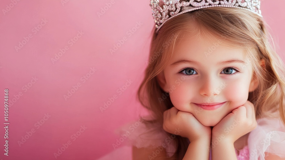 Smiling young girl wearing crown on pink background Smiling young girl wearing crown on pink background