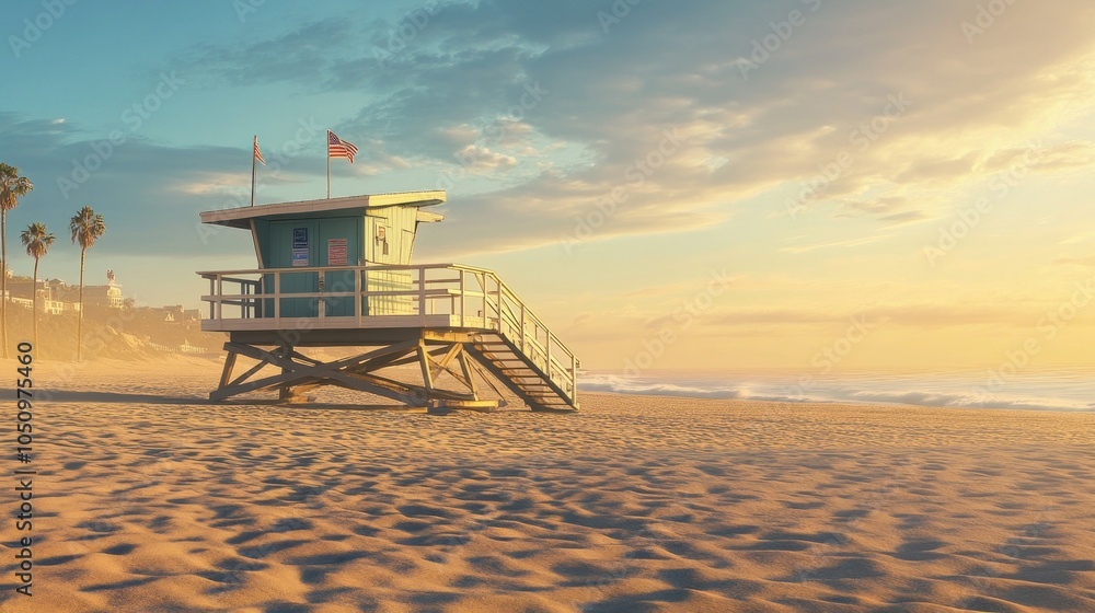 Lifeguard Tower on Sandy Beach at Sunset Lifeguard Tower on Sandy Beach at Sunset