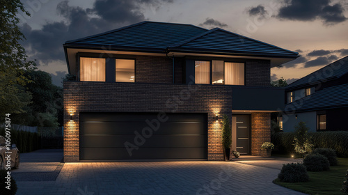 Evening view of a modern UK house featuring a side hinged garage door