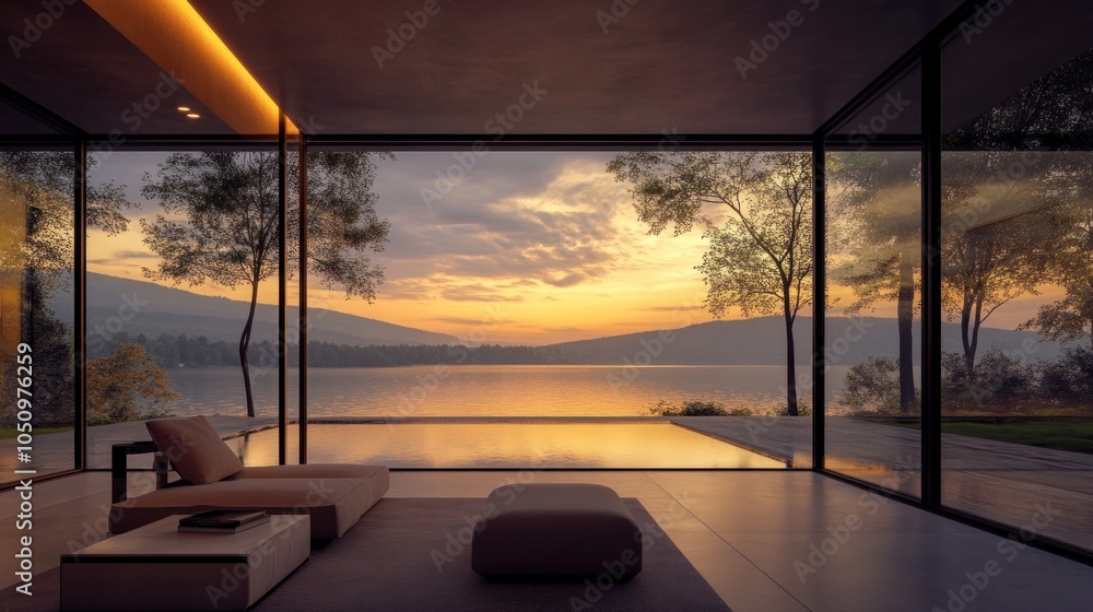 Fototapeta premium Modern Minimalist Living Room with Stunning Sunset View