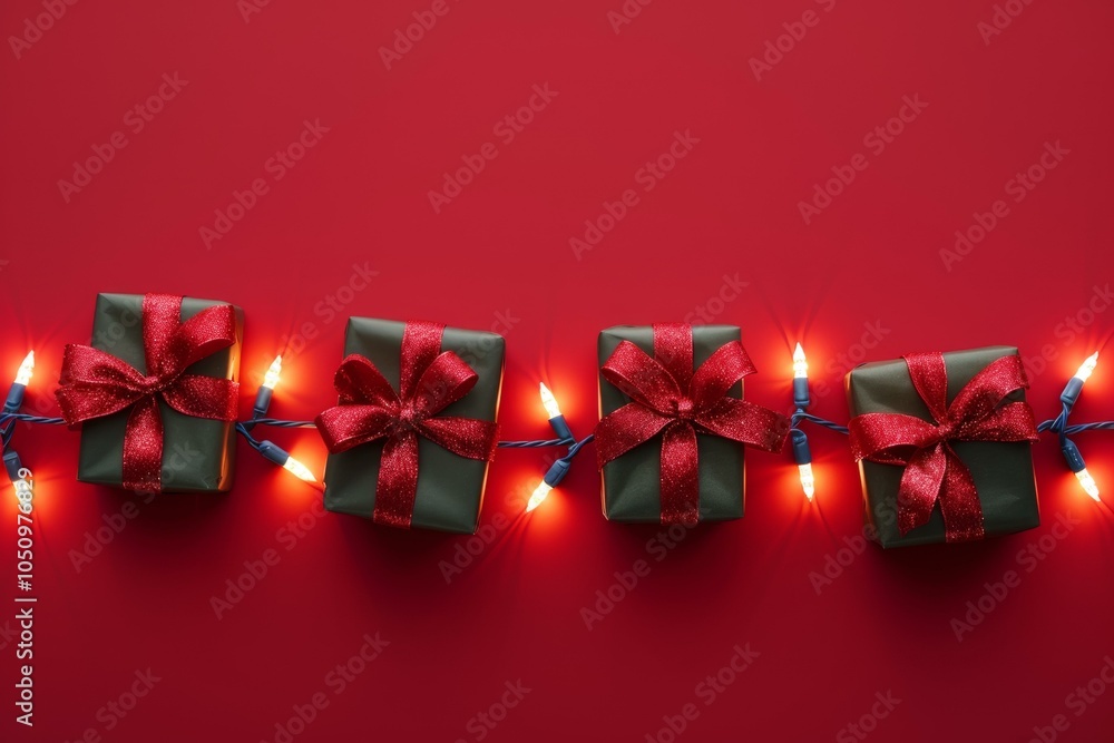 Festive Christmas lights and wrapped gifts arranged on a vibrant red background. Festive Christmas lights and wrapped gifts arranged on a vibrant red background.