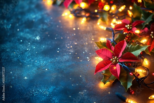A vibrant display of red and green poinsettia plants in full bloom, arranged in a festive garden setting.