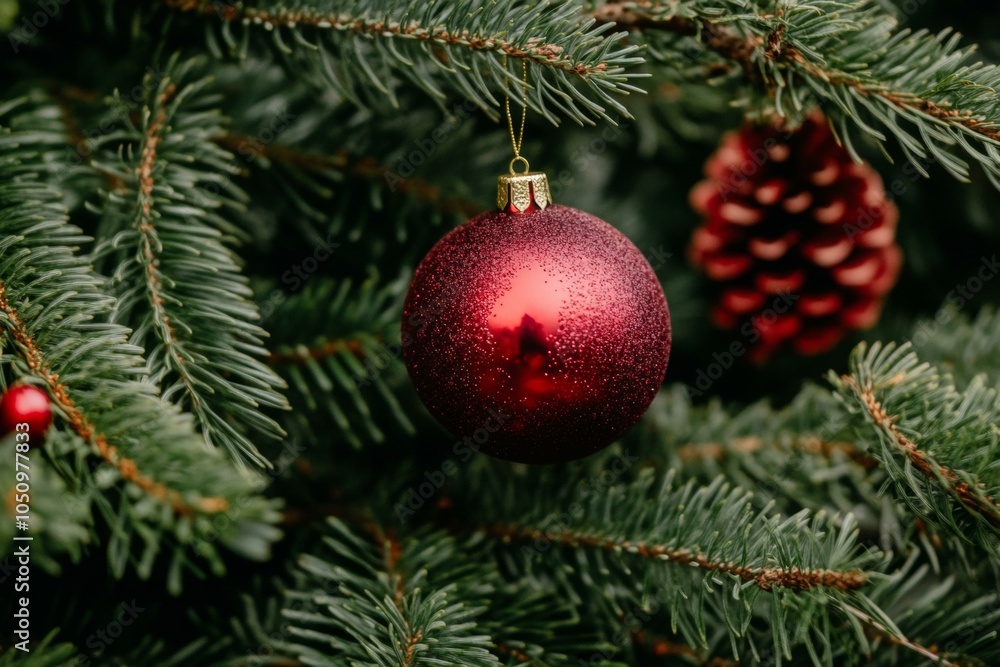 Obraz premium A vibrant red Christmas ornament hanging from a snow-dusted pine tree branch outdoors.