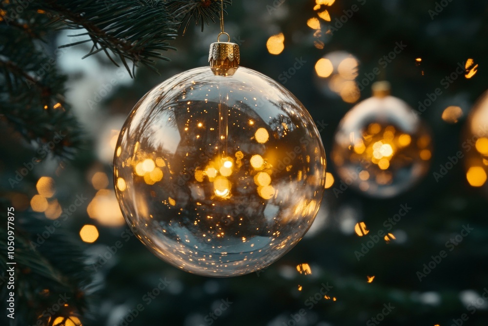 A close-up of a glass ornament hanging on a Christmas tree with festive lights in the background. A close-up of a glass ornament hanging on a Christmas tree with festive lights in the background.