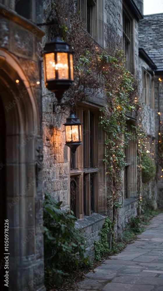 Fototapeta premium Historic stone building at night with warm exterior lighting highlighting architectural details.