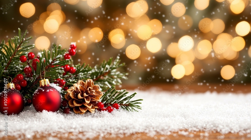 Festive Christmas tree branch adorned with red baubles and pine cones against a blurred background. Festive Christmas tree branch adorned with red baubles and pine cones against a blurred background.