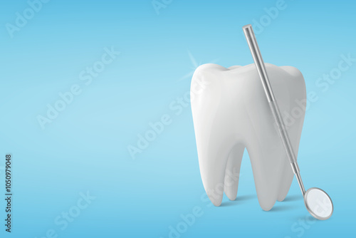 Vector 3D Realistic Tooth and Dental Mirror for Teeth Closeup Isolated on Blue Background. Medical Dentist Tool. Design Template, Clipart, Mockup. Dentistry, Healthcare, Hygiene Concept