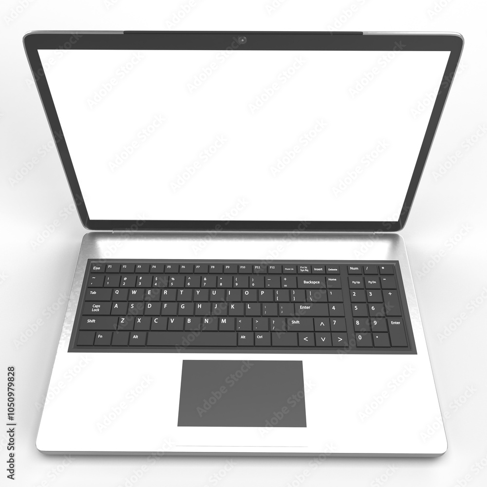 Modern silver laptop showing blank screen on gray background Modern silver laptop showing blank screen on gray background