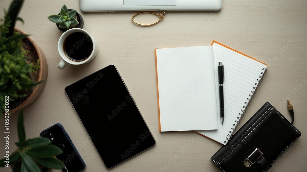 Modern workspace with tablet, notebook, pen, coffee, and plant on desk. Modern workspace with tablet, notebook, pen, coffee, and plant on desk.