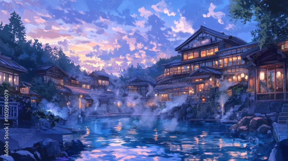 Obraz premium Serene Hot Springs at Dusk with Mountain Backdrop