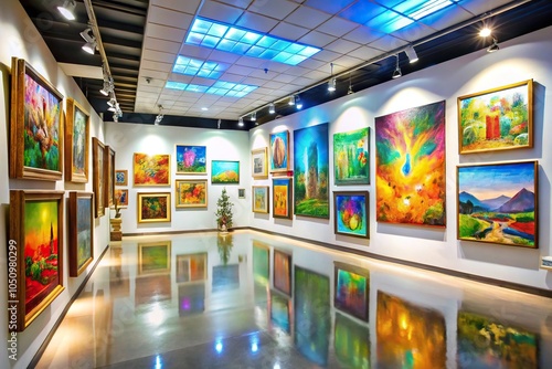 Vibrant art gallery featuring colorful paintings photo