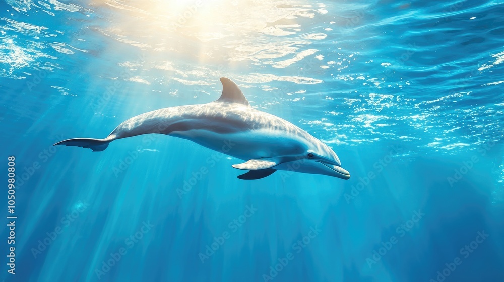 Fototapeta premium Dolphin swimming gracefully underwater with sunlight filtering through blue ocean