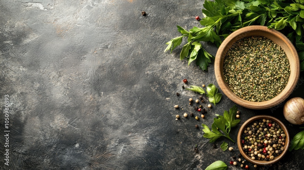 Assorted spices and herbs on dark rustic surface Assorted spices and herbs on dark rustic surface
