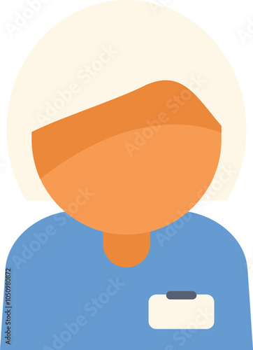 Faceless female doctor wearing blue scrubs with a name tag is shown in this minimal illustration