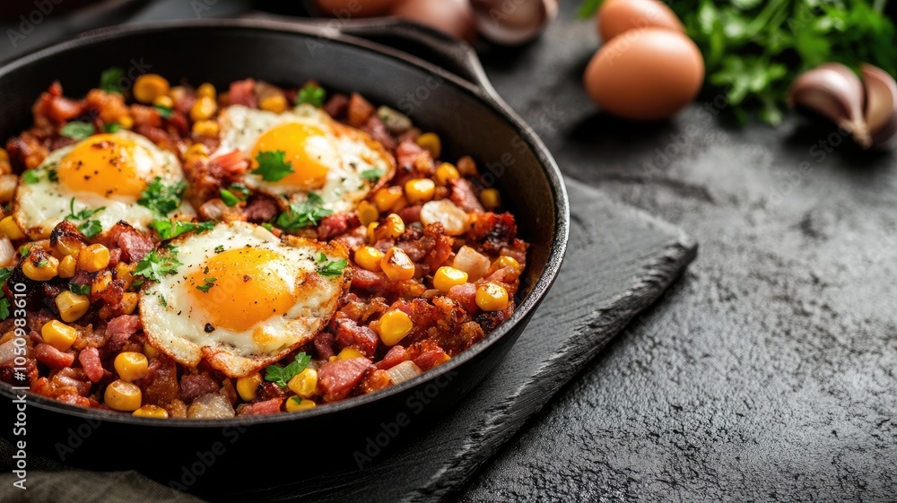 Skillet dish with sunny-side-up eggs, corn, and diced vegetables Skillet dish with sunny-side-up eggs, corn, and diced vegetables