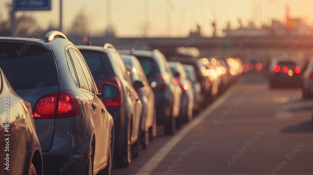 Vehicles stuck in heavy traffic during sunset on highway Vehicles stuck in heavy traffic during sunset on highway