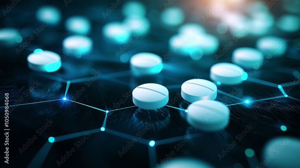 Fototapeta premium Close-up view of white pills on a dark, futuristic background, symbolizing health and pharmaceutical innovation.