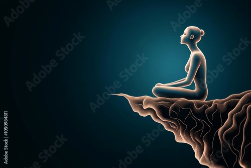 A minimalist line drawing of a person sitting on a mountain ledge, taking a deep breath while overlooking the horizon photo