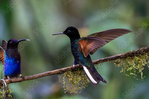 Two velvet-purple coronet hummingbirds facing one another on a branch with tongues extended and wings flapping photo