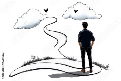 A single line drawing of a person standing at a crossroads, ready to take a chance by choosing a path