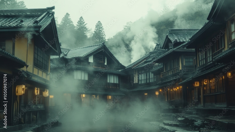 Fototapeta premium Serene Japanese Onsen Village in Misty Landscape