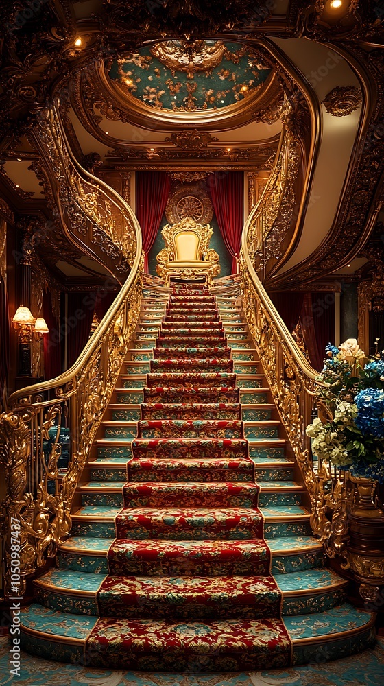 Fototapeta premium Grand staircase ascending to luxurious ornate golden throne room in illustration