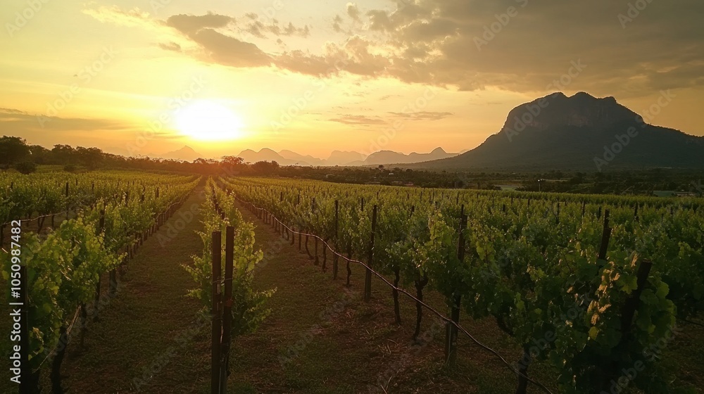 Fototapeta premium Serene Sunset over Lush Vineyard Landscape