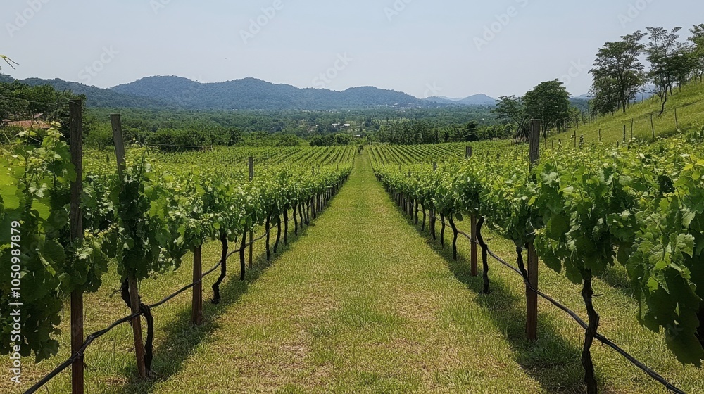 Fototapeta premium Scenic Vineyard Landscape Under Clear Blue Sky