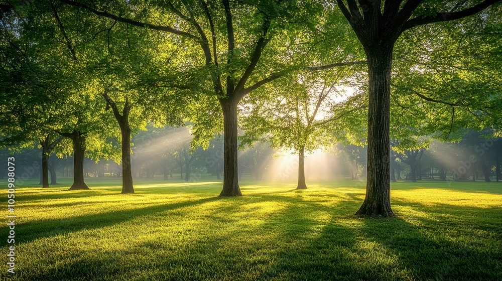 Fototapeta premium Serene Sunlight Filtering Through Lush Green Trees