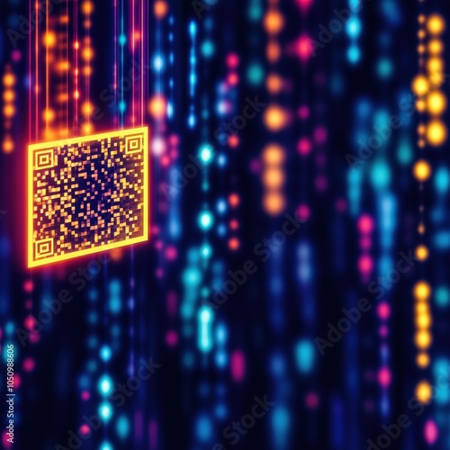A glowing QR code amidst a vibrant, colorful digital background.