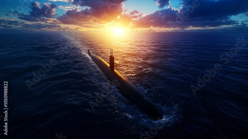 Submarine sailing at sunset in the ocean photo