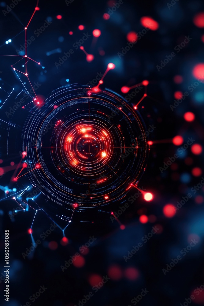 Obraz premium Abstract circular design with glowing red and blue particles on a dark background.