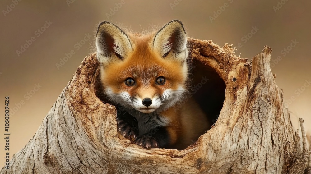 Obraz premium Playful Fox Peeking from a Hollow Log