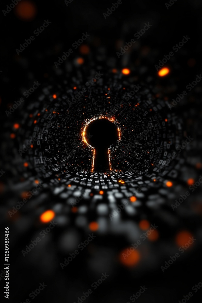 Abstract view through a keyhole with glowing lights in a dark background. Abstract view through a keyhole with glowing lights in a dark background.