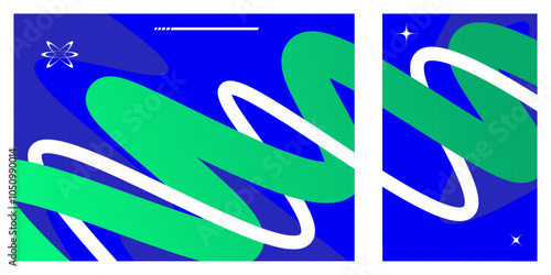 Abstract and Minimalist Futuristic Background with Wavy Shapes and Spheres in Blue and Green Color Combination. Suitable for Cover, Banner, Poster, or Landing Page Design