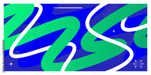 Abstract and Minimalist Futuristic Background with Wavy Shapes and Spheres in Blue and Green Color Combination. Suitable for Cover, Banner, Poster, or Landing Page Design