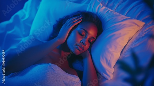 A woman sleeping in bed, The room has a blue lighting, creating an atmosphere of calmness and restfulness photo