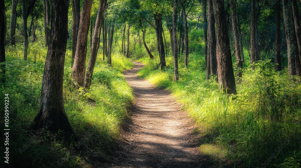 Naklejka premium Serene Forest Pathway Through Lush Greenery