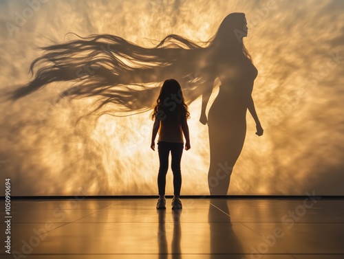 Young Girl Standing in Front of Her Own Projected Heroic Shadow Symbolizing Childhood Aspirations and Future Strength photo