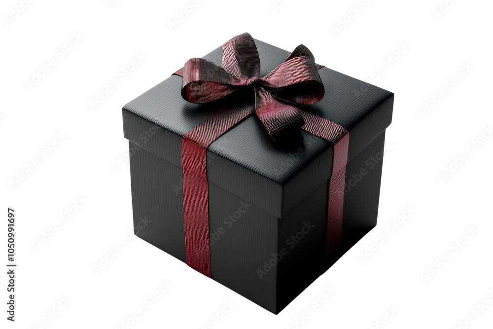 Obraz premium A beautifully wrapped black gift box adorned with a festive red ribbon and bow, set against a white background.