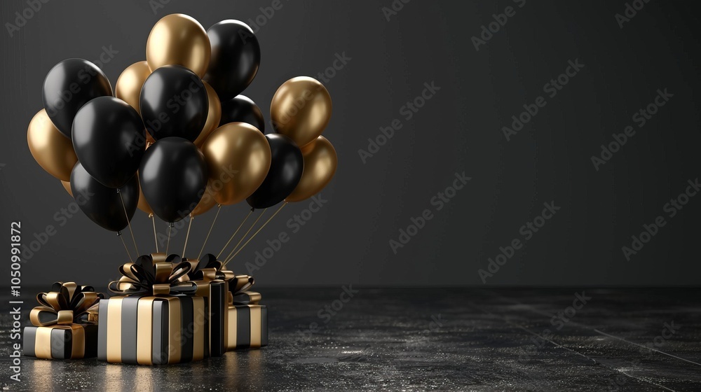Naklejka premium A black and gold balloon bouquet is on top of a black box