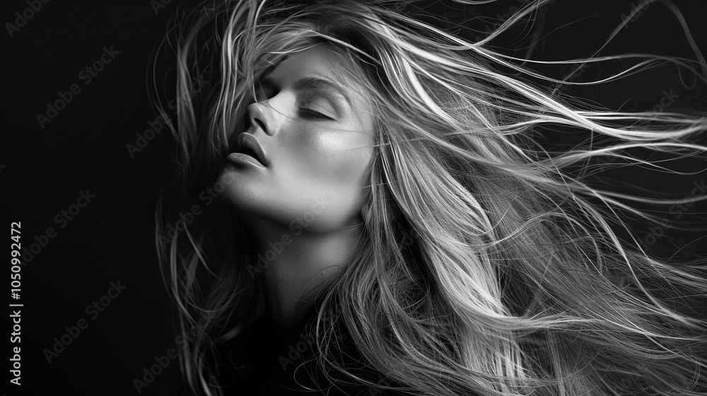 Captivating Portrait of a Woman with Flowing Silver Hair in Stunning Monochrome Photography Captivating Portrait of a Woman with Flowing Silver Hair in Stunning Monochrome Photography