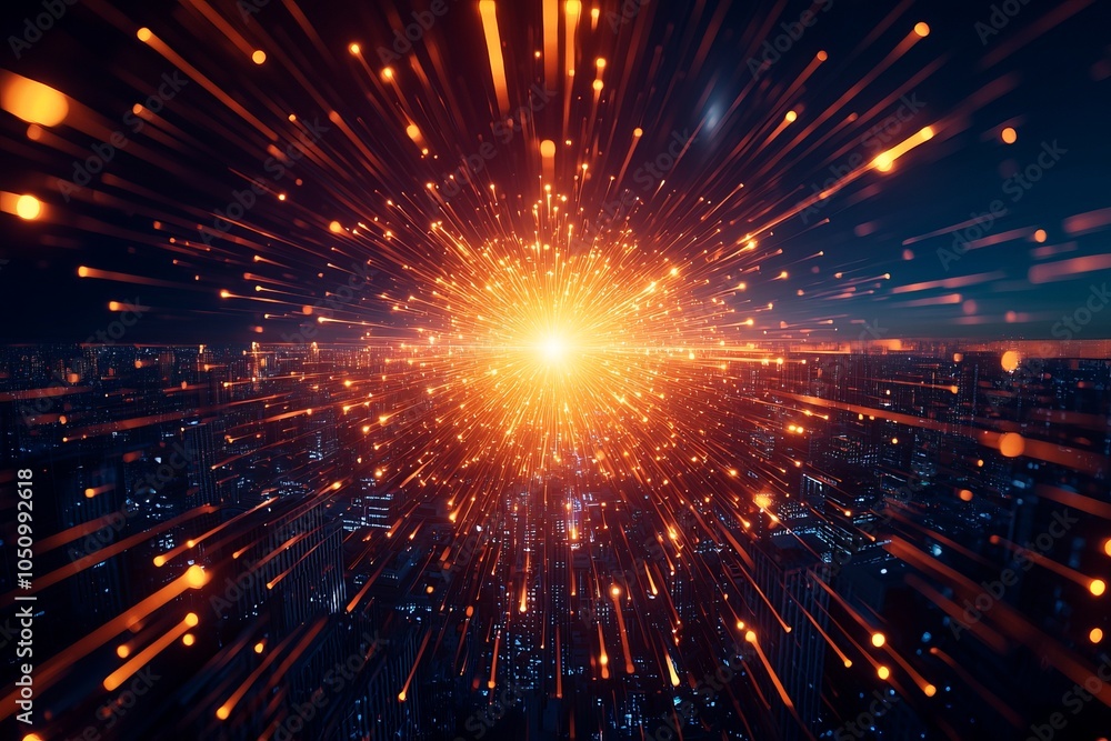 Fototapeta premium Vibrant light explosion in a dark cityscape background.